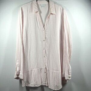 J Jill Top Tunic Size Large Pink Stripe Mixed Prints Long Sleeve Button Up Rayon
